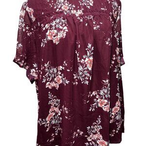 BloomChic Floral Ribbon Neck Sheer Flowy Blouse Sz 22/24 (3XL) Womens Burgundy T